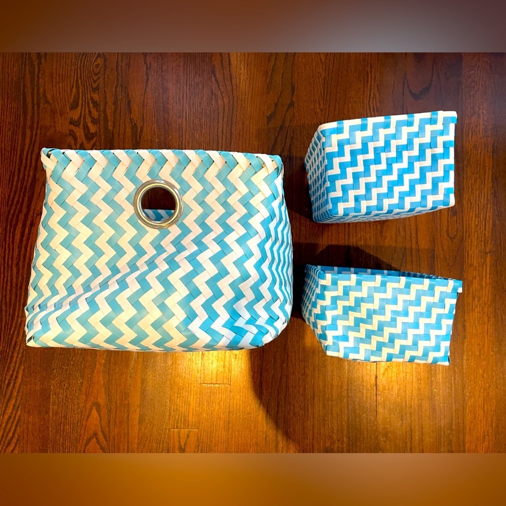 3 turquoise & white chevron woven containers, 1 LRG, 2 MED, excellent condition